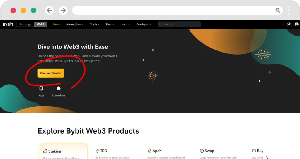 ByBit wallet verbinden via het Web3-menu