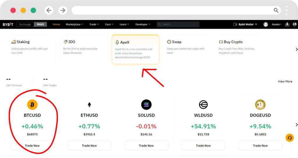 Apex openen via het Web3-menu van ByBit